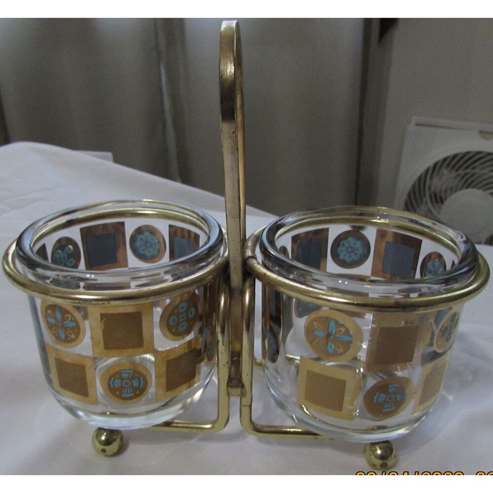 Jeannette Glass condiment set mid-century 22K gold blue turquoise Brass carrier